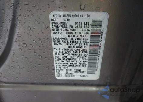 2010 Nissan Murano S из США, поврежденный, VIN JN8AZ1MU6AW011066